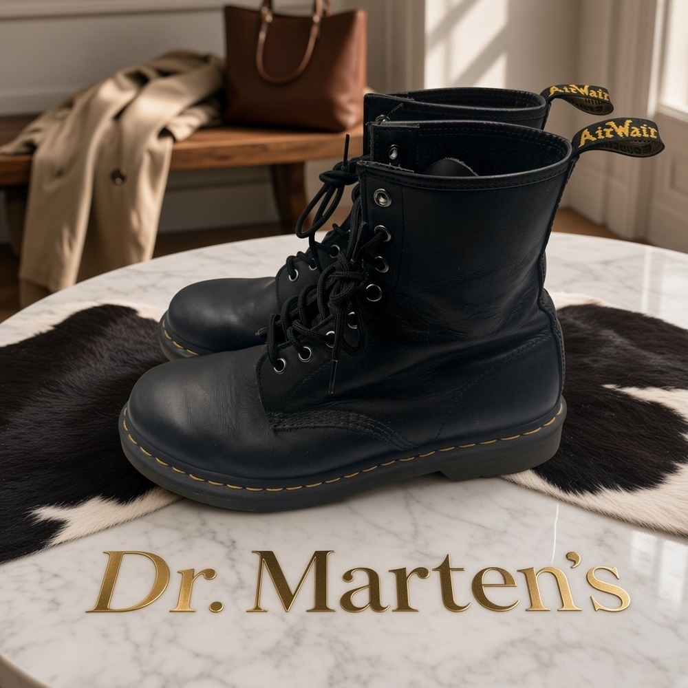 Dr. Martens 1460 W Pascal Black Virginia Leather 8-Eye Combat Boots Womens 10